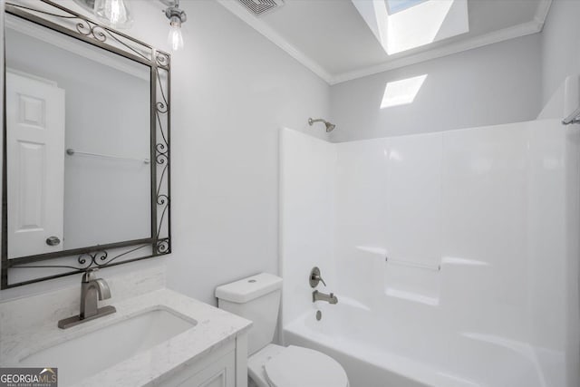 bathroom featuring crown molding, visible vents, toilet, tub / shower combination, and vanity