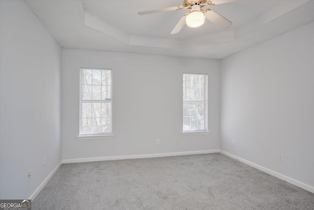 empty room with carpet, a raised ceiling, a wealth of natural light, and baseboards