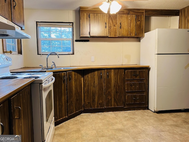 kitchen with white appliances, a sink, under cabinet range hood, and dark brown cabinets