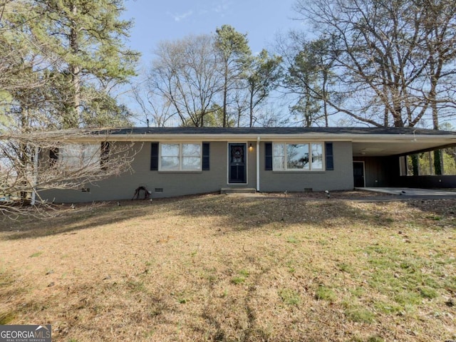 single story home with an attached carport, crawl space, a front lawn, and brick siding