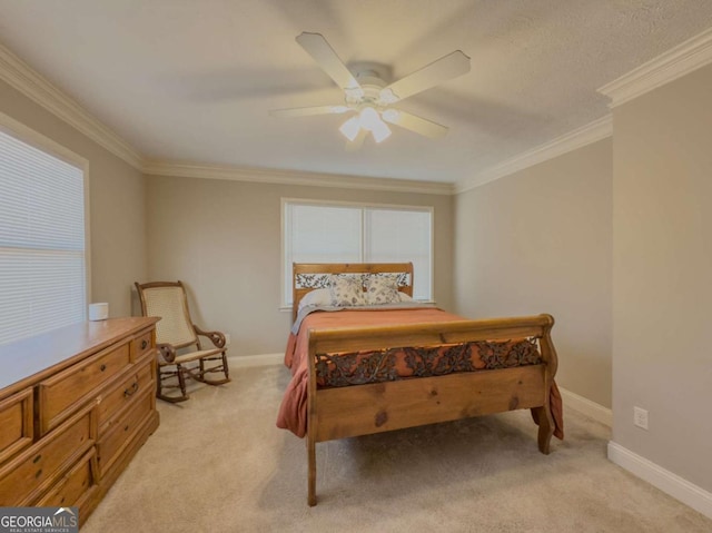 bedroom with light carpet, baseboards, and crown molding