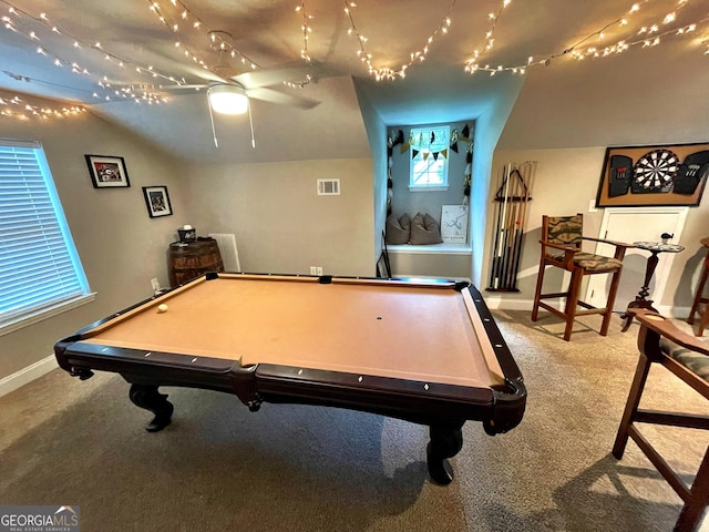 game room with carpet floors, baseboards, visible vents, and a ceiling fan