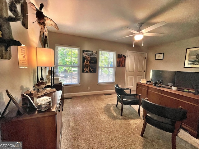 office space featuring carpet, ceiling fan, and baseboards