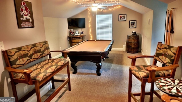 playroom featuring baseboards, vaulted ceiling, carpet flooring, and pool table