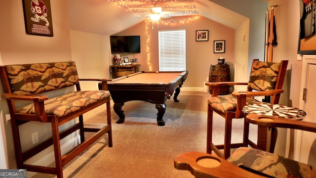 recreation room featuring vaulted ceiling, billiards, and carpet flooring