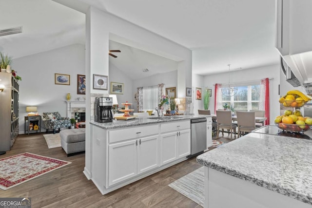 kitchen with dark wood-style floors, a fireplace, stainless steel dishwasher, open floor plan, and white cabinetry