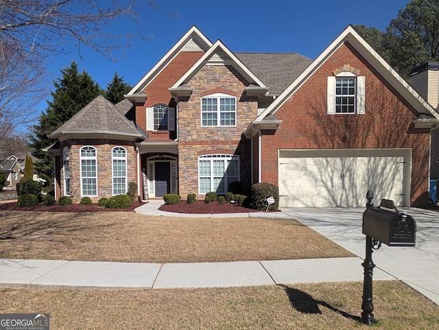 traditional-style house featuring an attached garage, brick siding, driveway, stone siding, and roof with shingles