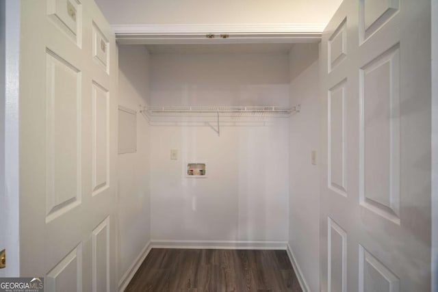 laundry room featuring laundry area, baseboards, washer hookup, and dark wood-style flooring