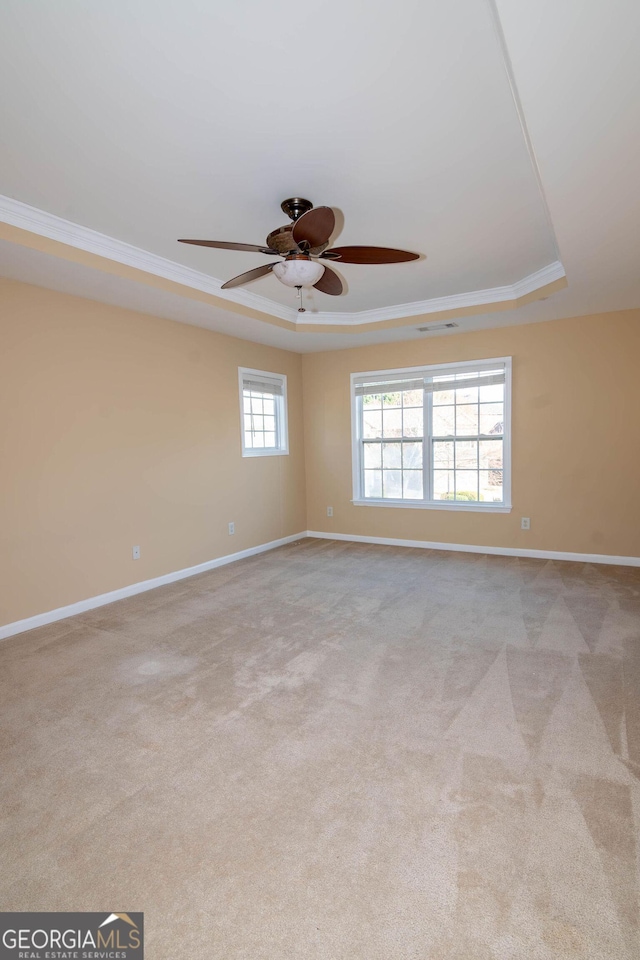 spare room with a tray ceiling, carpet flooring, crown molding, and baseboards