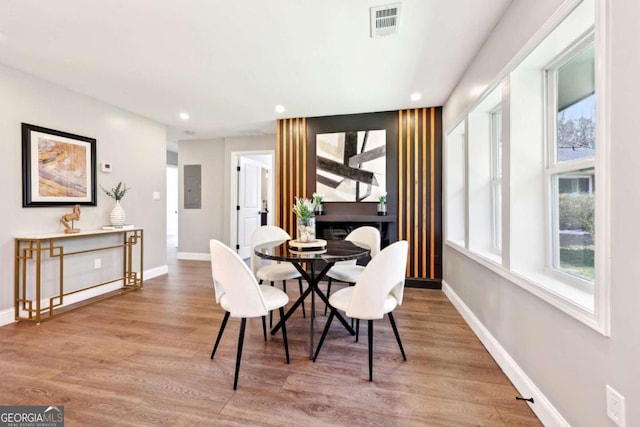 dining area featuring a wealth of natural light, electric panel, and baseboards