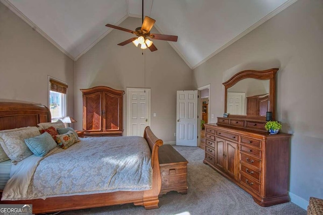 carpeted bedroom with high vaulted ceiling, baseboards, ornamental molding, and ceiling fan