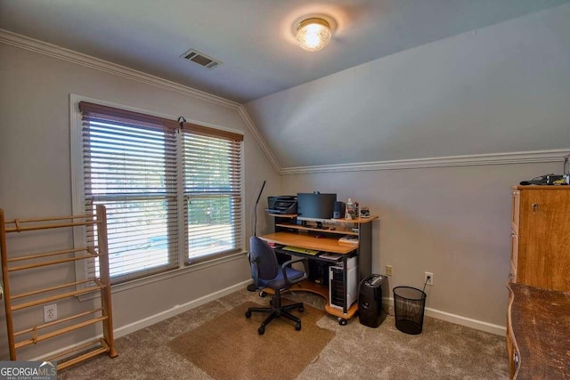 office space featuring carpet, visible vents, vaulted ceiling, and baseboards