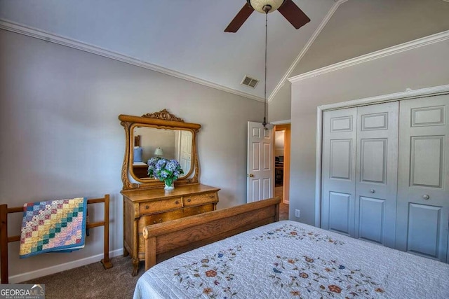 carpeted bedroom with crown molding, lofted ceiling, a closet, visible vents, and baseboards