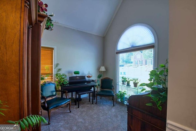 living area with lofted ceiling, ornamental molding, and carpet flooring