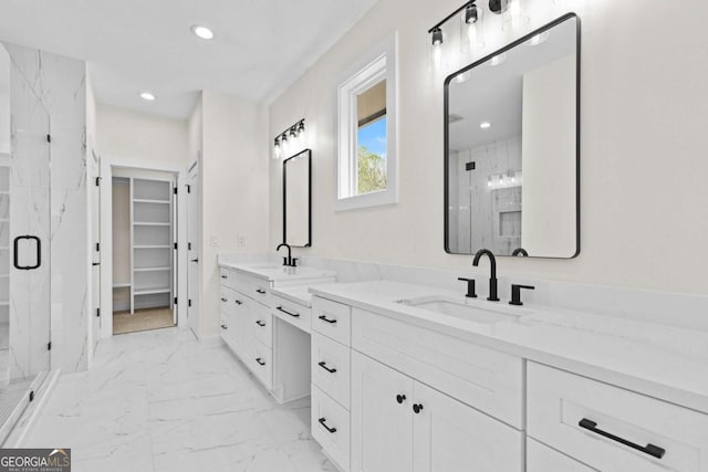 3636 Castoff Ct, Gainesville, GA 30506 - bathroom featuring a marble finish shower, marble finish floors, double vanity, recessed lighting, and a walk in closet
