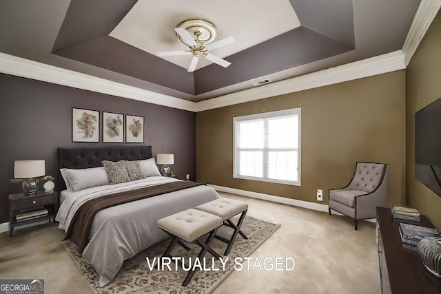 bedroom with visible vents, baseboards, a raised ceiling, light colored carpet, and ornamental molding