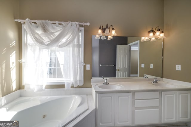 full bath featuring a jetted tub, double vanity, and a sink