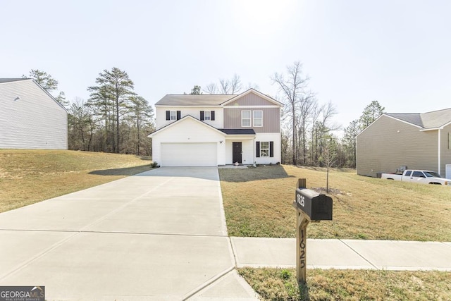 traditional-style house featuring board and batten siding, an attached garage, concrete driveway, and a front yard