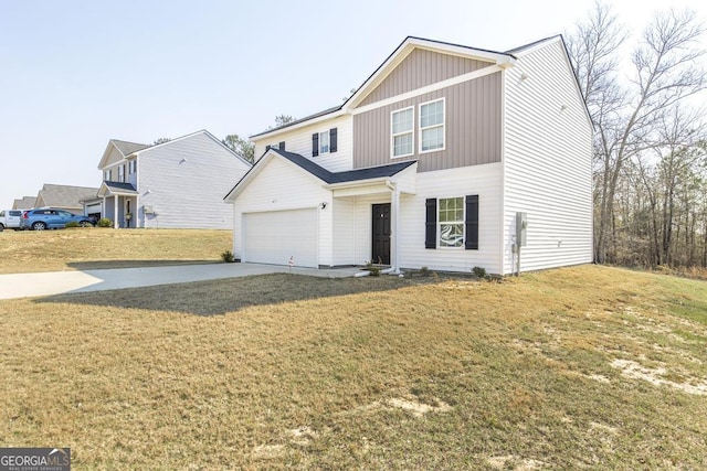 view of front of home featuring board and batten siding, concrete driveway, and a front lawn