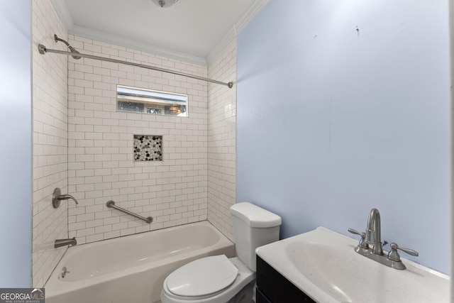 full bathroom with ornamental molding, bathing tub / shower combination, toilet, and vanity