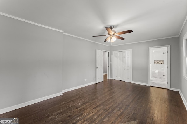 unfurnished bedroom featuring ceiling fan, baseboards, dark wood finished floors, and ornamental molding