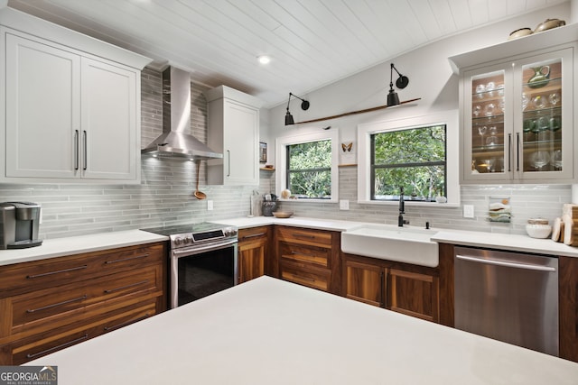 kitchen featuring stainless steel appliances, a sink, backsplash, and wall chimney exhaust hood