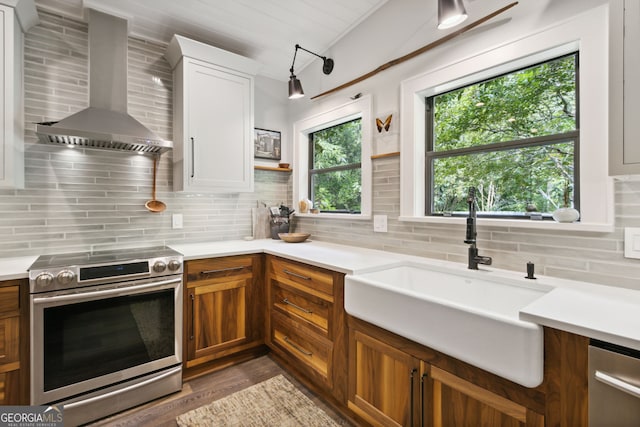 kitchen with tasteful backsplash, wall chimney exhaust hood, appliances with stainless steel finishes, light countertops, and a sink