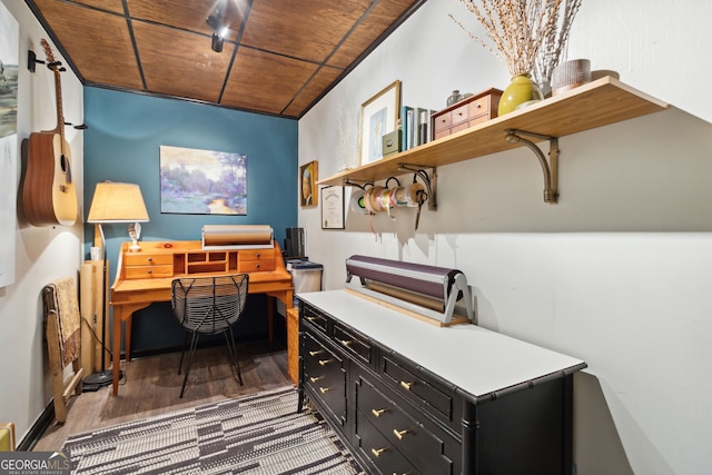 home office with wooden ceiling and wood finished floors