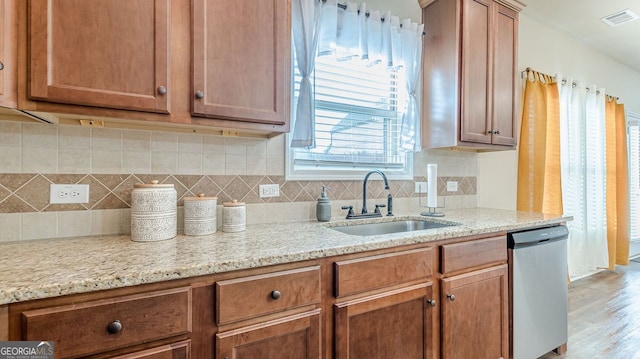 kitchen featuring stainless steel dishwasher, a sink, visible vents, and brown cabinets