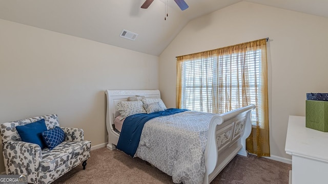 carpeted bedroom featuring lofted ceiling, ceiling fan, visible vents, and baseboards