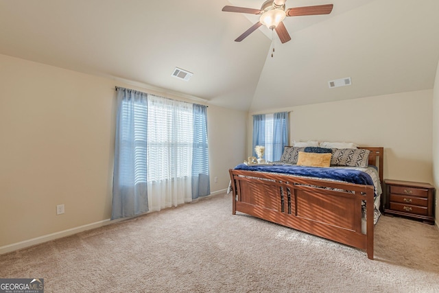 carpeted bedroom featuring ceiling fan, high vaulted ceiling, visible vents, and baseboards