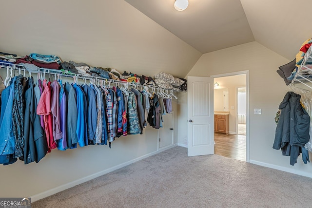 spacious closet with lofted ceiling and carpet