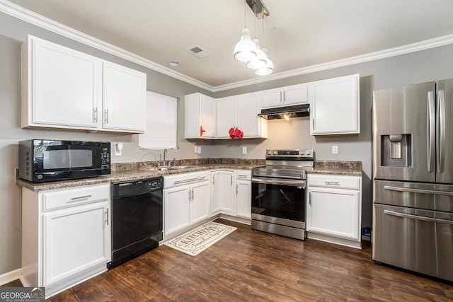 5987 Westchase St, Atlanta, GA 30336 - kitchen featuring black appliances, white cabinetry, visible vents, and under cabinet range hood