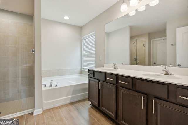 bathroom featuring a stall shower, double vanity, a sink, and a bath