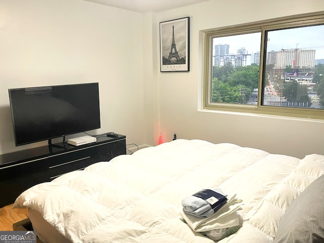 bedroom with a city view