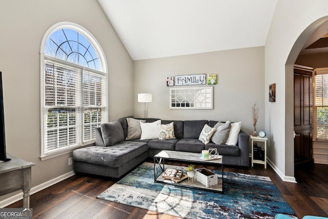 living room featuring lofted ceiling, hardwood / wood-style floors, arched walkways, and a wealth of natural light