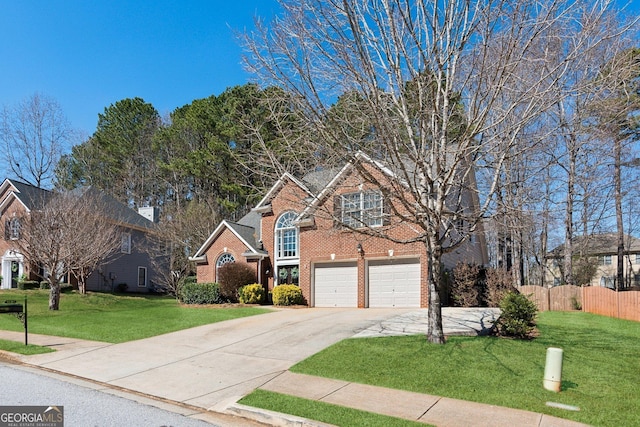 traditional-style house featuring a garage, brick siding, fence, concrete driveway, and a front lawn