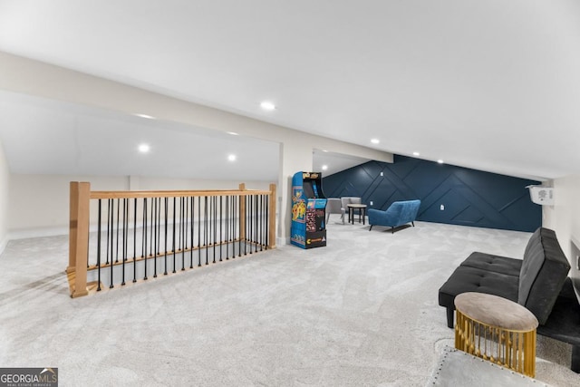 living area with lofted ceiling, carpet, and recessed lighting