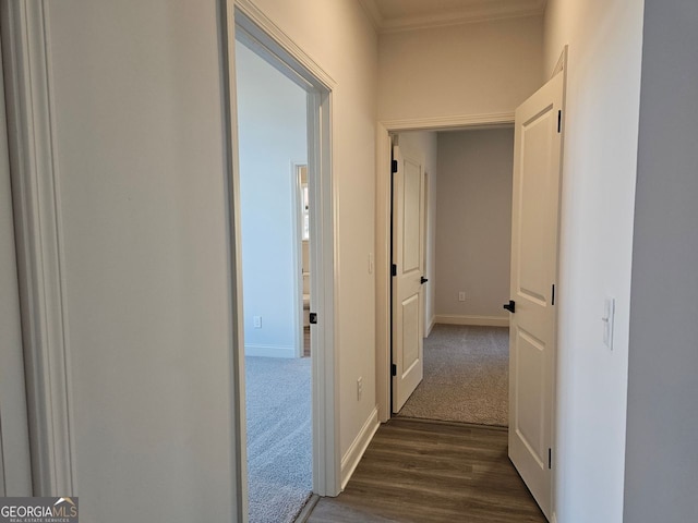 hall with dark wood-style floors, baseboards, ornamental molding, and dark colored carpet