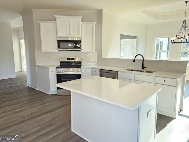 kitchen with stainless steel appliances, a sink, white cabinetry, ornamental molding, and dark wood finished floors