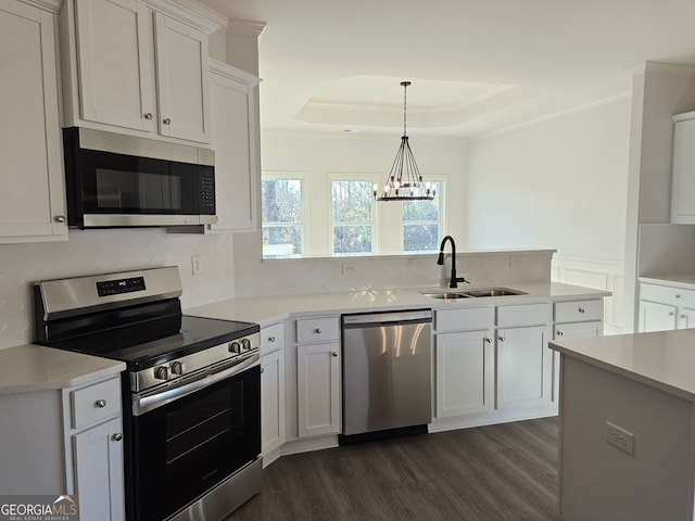 kitchen with stainless steel appliances, a sink, light countertops, a raised ceiling, and crown molding