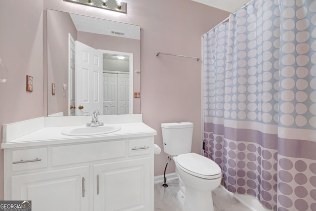 bathroom with visible vents, a shower with shower curtain, toilet, marble finish floor, and vanity