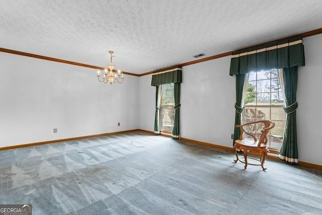 unfurnished room with crown molding, carpet flooring, visible vents, and a healthy amount of sunlight