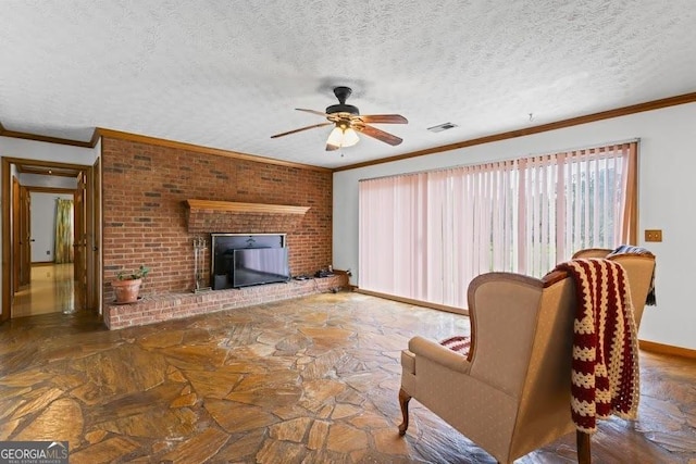 unfurnished living room featuring baseboards, visible vents, and crown molding