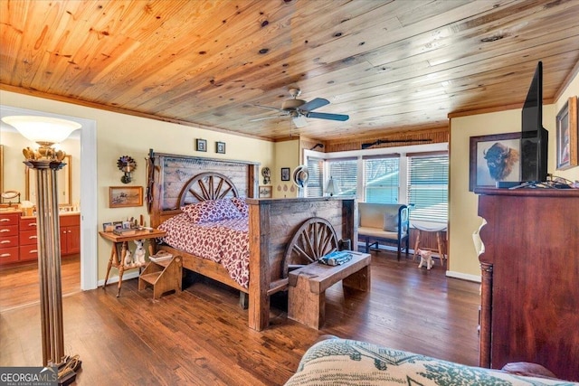 bedroom featuring ornamental molding, wooden ceiling, baseboards, and wood finished floors