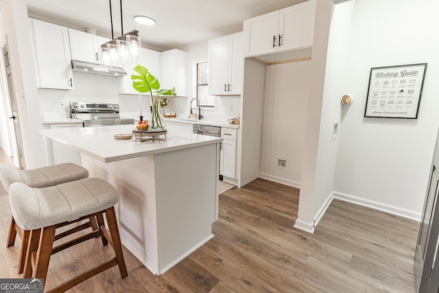 kitchen featuring stainless steel appliances, a sink, white cabinetry, and under cabinet range hood