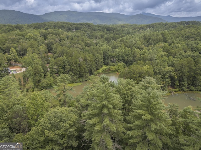 bird's eye view with a water and mountain view and a wooded view