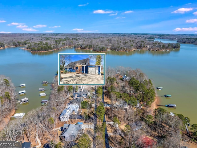 drone / aerial view featuring a water view and a wooded view