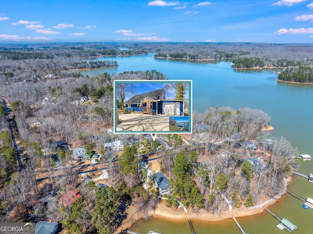 birds eye view of property with a water view and a wooded view