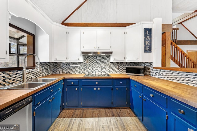 kitchen featuring ornamental molding, vaulted ceiling, stainless steel appliances, under cabinet range hood, and a sink